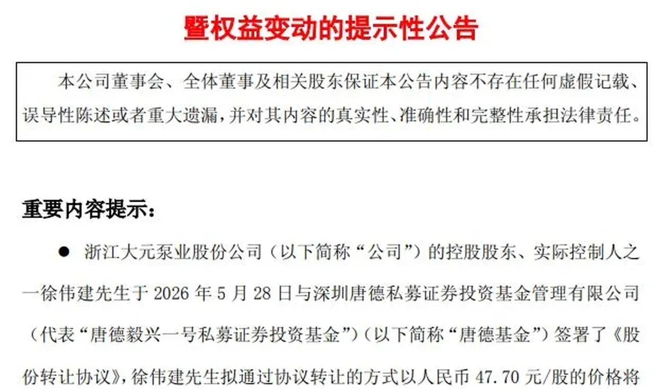 折价超18%!深圳一私募拟自掏约4.5亿元“举牌”大元泵业,公司股价提前涨停遭“抢跑”质疑缩略图
